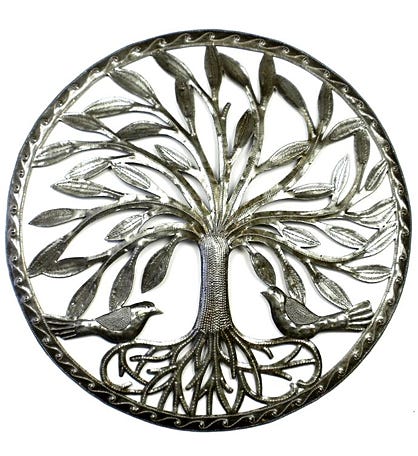 Recycled Steel Haitian Art Modern Rooted Tree Of Life With Birds, 23"